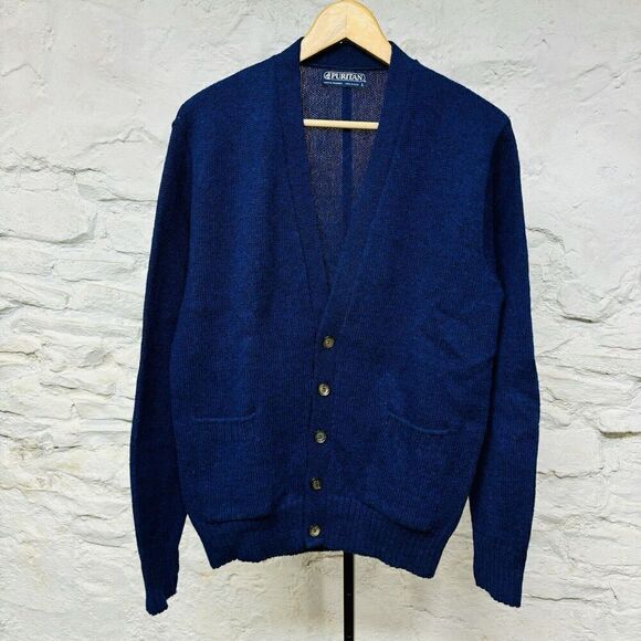 Vtg 70s 80s Puritan Cardigan Blue Wool Blend Cardigan Sweater Made USA Grandpa - Picture 1 of 5